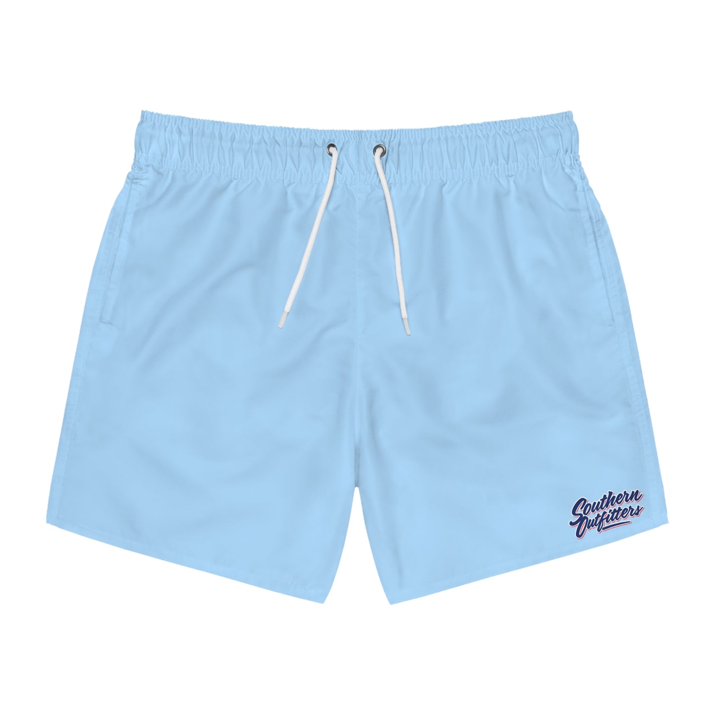 Light Blue Swim Trunks with 'Southern Summers' Script - Men's Beach Swim Shorts